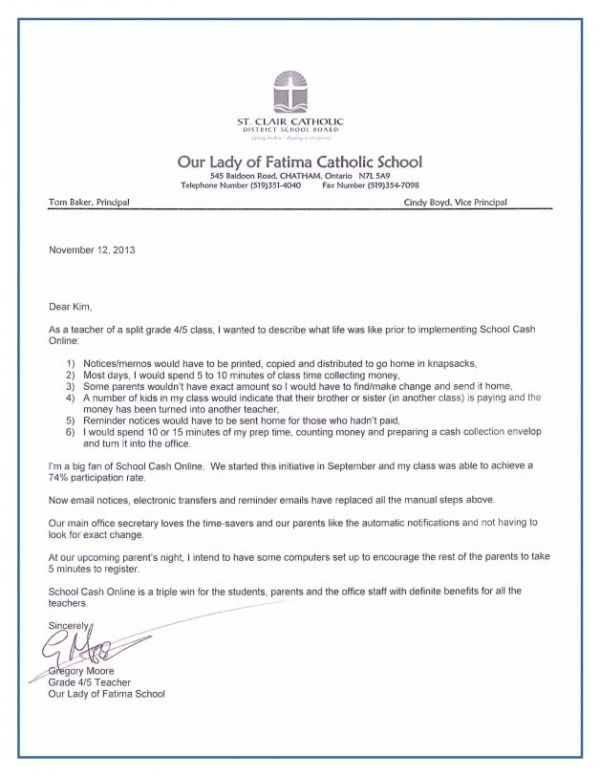 Reference Letter from Our Lady of Fatima Catholic School