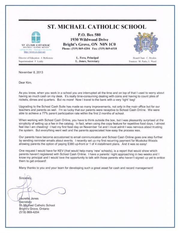 Reference Letter from St Michael Catholic School